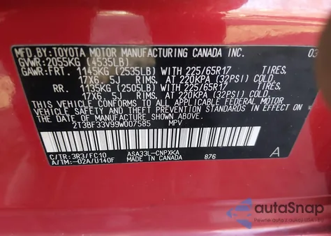 2009 Toyota Rav4 из США, поврежденный, VIN 2T3BF33V99W007585